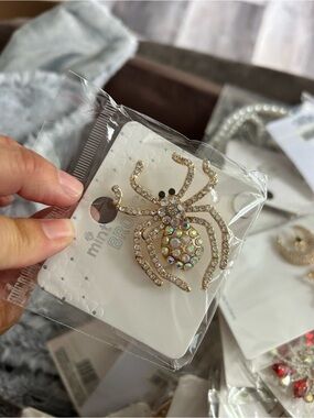 4/$50 Gold Crystal Spider Brooch - Iridescent Accents